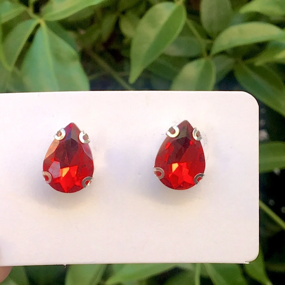 Siam Red + Silver Crystal Pear Earrings